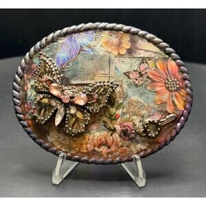 Boho Butterfly Belt Buckle – Upcycled Rhinestone Brooch, Mixed Media Art